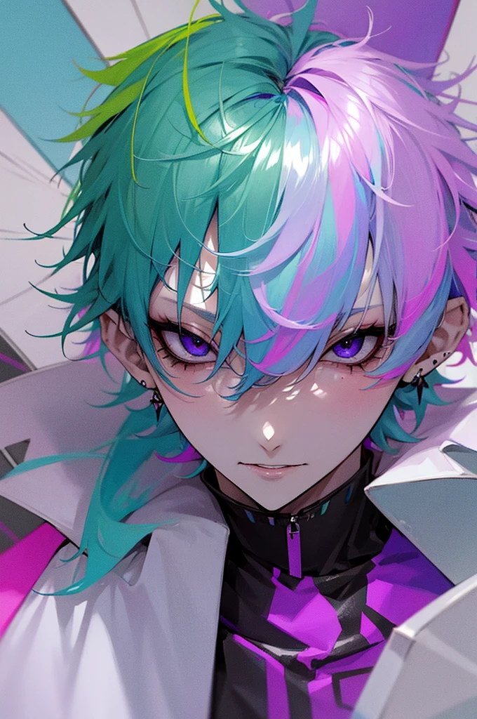 Pale skin, light blue hair, green streaks in hair, pink streaks in hair, purple streaks in hair, black eyes, birthmark on right eye, cute, pretty, raining, umbrella, short hair, messy hair