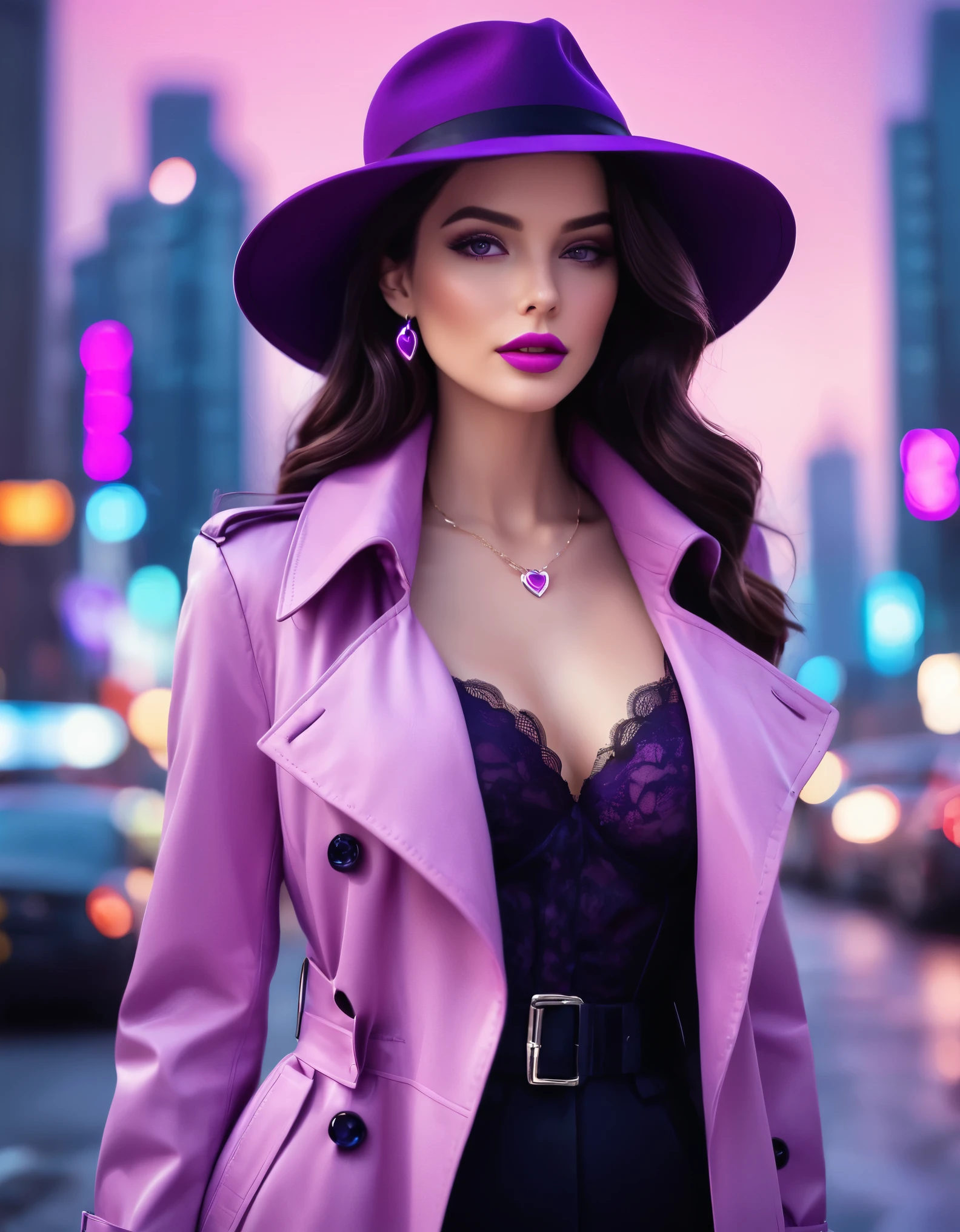 an elegant woman with a confident and stylish appearance. She has wavy, shoulder-length dark hair with purple highlights, and is wearing a vibrant pink wide-brimmed hat adorned with a bow. Her makeup is flawless, with bold eye makeup and pink lipstick. She is dressed in a sleek, shiny purple trench coat over a black lace corset top. Her accessories include large heart-shaped earrings and a matching heart-shaped pendant necklace with blue gemstones. The background is a vibrant cityscape at night, with tall buildings illuminated by neon lights and a deep blue, starry sky. There are soft glowing particles in the air, adding to the magical and futuristic ambiance of the scene. Hyper realistic photo, 16k, vibrant colors