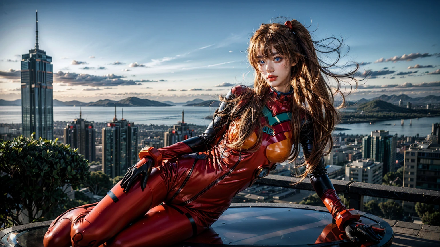 highest quality, table top, realistic, photorealistic, 1 girl, alone, looking at the viewer, whole body, Are standing, long hair, asuka costume, , plug suit, body suit, hair ornaments, background,highest quality、Ultra - High resolution、8k、smile,perfect body,(Lie:1.3),