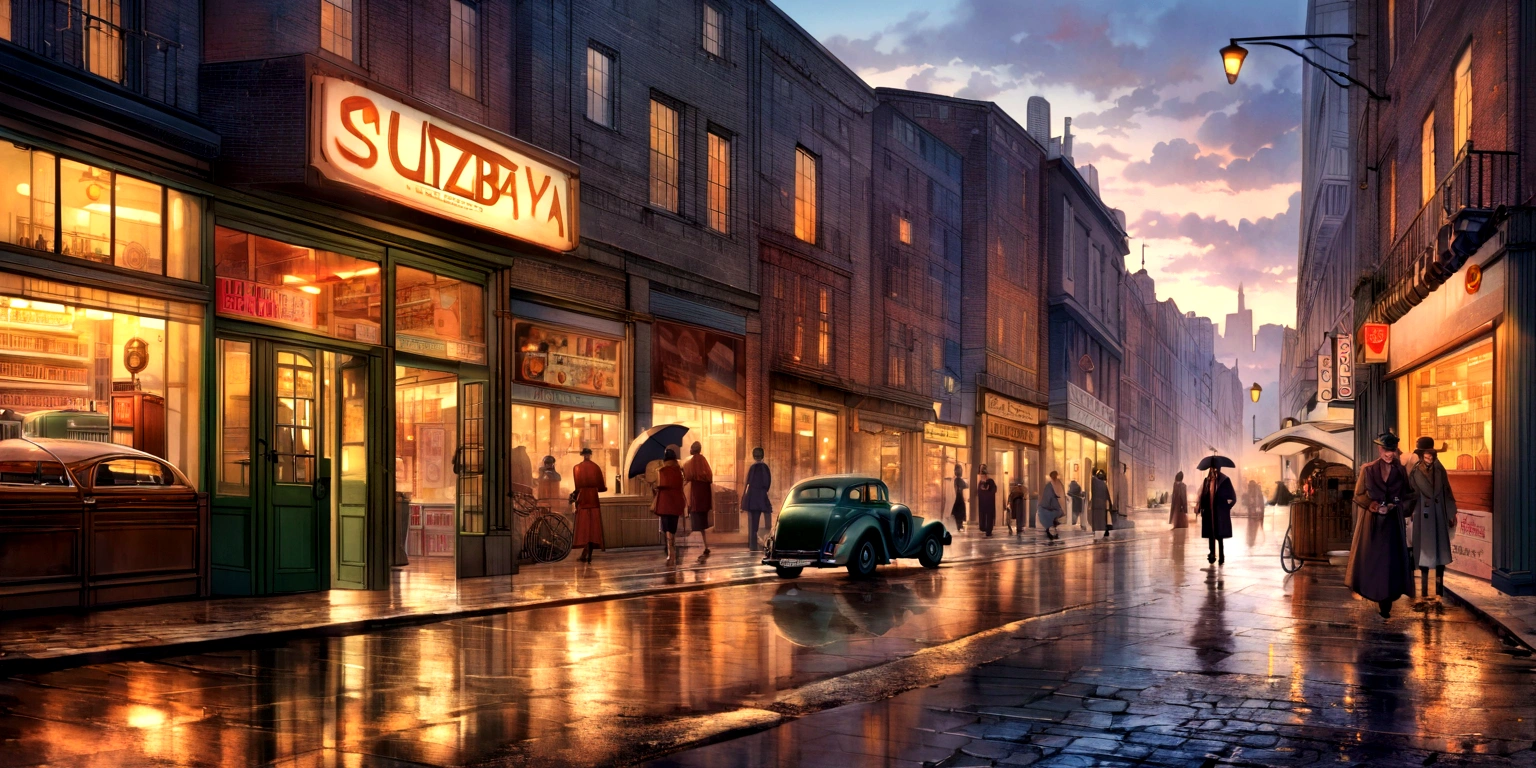 old cars, busy pedestrians, bustling atmosphere, tall buildings, reflection in puddles, city skyline, urban decay, graffiti, cobblestone streets, vintage shop fronts, smoke-filled streets, rainy day, neon signs, motion blur, street vendors, subway entrance, steam rising from manholes, window displays, jazz music, iconic landmarks, art deco architecture, vintage fashion, retro advertisements, bustling cafes, street performers, bustling traffic, brick buildings, fire escapes, old-fashioned lampposts, vintage bicycles, stylish hats, newspaper stands, bustling markets, classic cars, rusted metal, cityscape at dusk, shadows and highlights, brick walls, wrought iron gates, old telephone booths, aged textures, typewriters, vinyl records, wooden benches, street lamps, fashion boutiques, nostalgic atmosphere