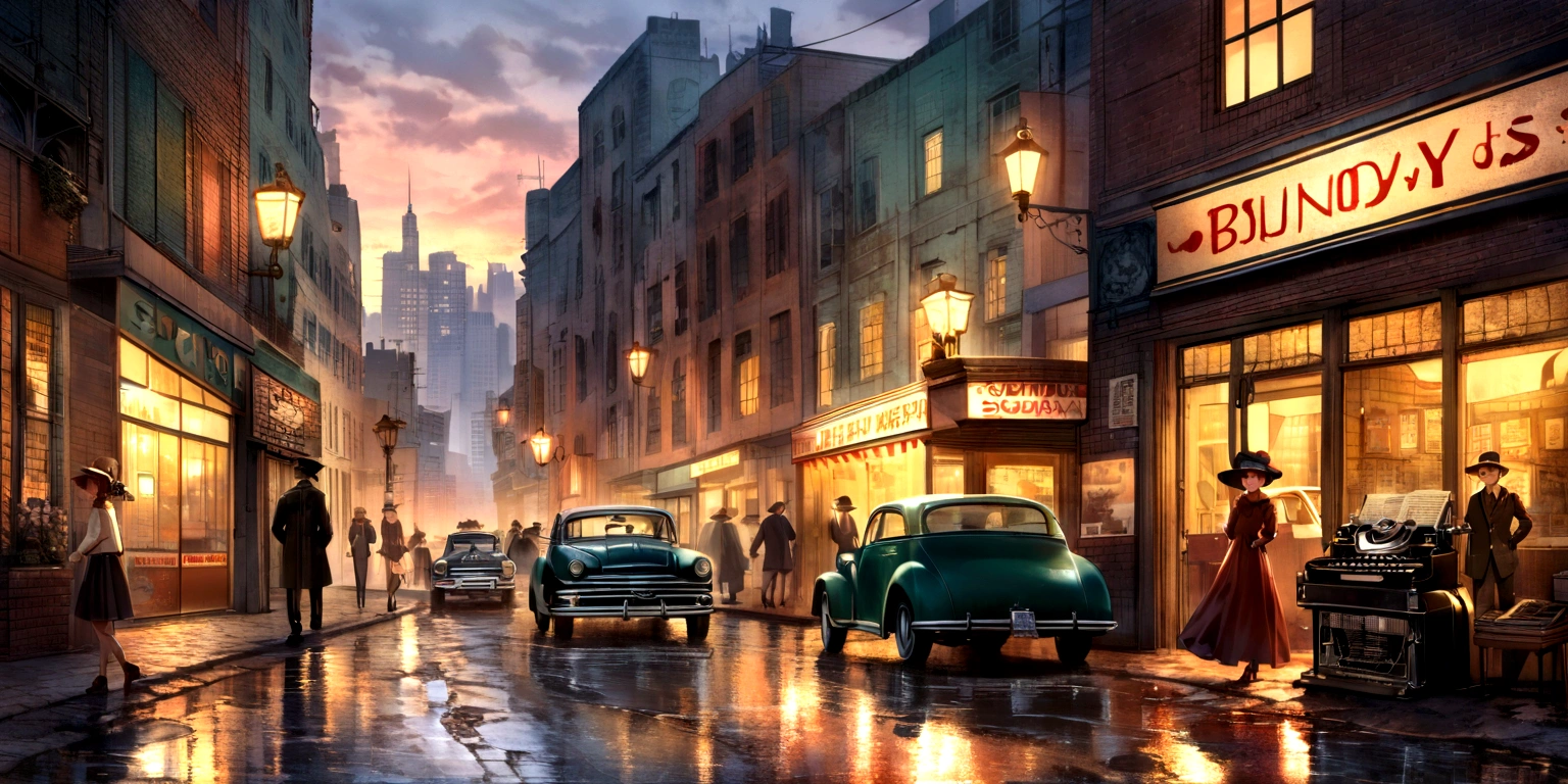 old cars, busy pedestrians, bustling atmosphere, tall buildings, reflection in puddles, city skyline, urban decay, graffiti, cobblestone streets, vintage shop fronts, smoke-filled streets, rainy day, neon signs, motion blur, street vendors, subway entrance, steam rising from manholes, window displays, jazz music, iconic landmarks, art deco architecture, vintage fashion, retro advertisements, bustling cafes, street performers, bustling traffic, brick buildings, fire escapes, old-fashioned lampposts, vintage bicycles, stylish hats, newspaper stands, bustling markets, classic cars, rusted metal, cityscape at dusk, shadows and highlights, brick walls, wrought iron gates, old telephone booths, aged textures, typewriters, vinyl records, wooden benches, street lamps, fashion boutiques, nostalgic atmosphere