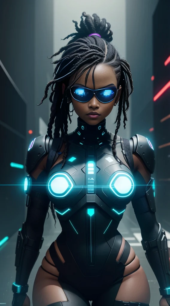 Cyberpunk style, ebony avatar, cyberspace, wireframe, matrix, tron, minimal, abstract, virtual reality, neon background, American flag background, neon lights, virtual interface, looking at camera, (ebony), dreads, sexy, thic, vr headset 