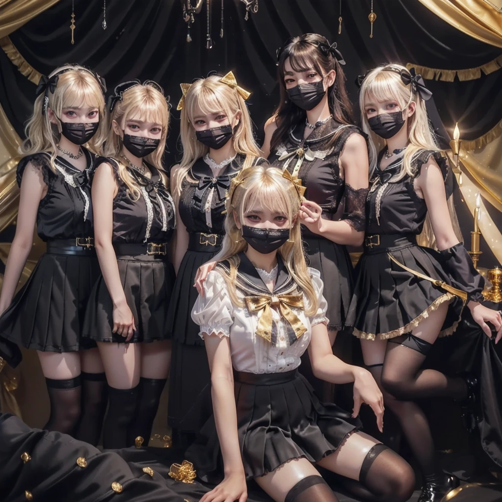 8K resolution, surreal, Super detailed, high quality, perfect ???????, jammed, (4 girls)++, group shot, perfect proportion, full body, (((shiny satin, jirai fashion, sailor collar, , sailor uniform with many frills, Lace, pleated skirt, micro mini skirt, bow ribbon)))+, (((bleached gold hair)))+, ((super large breasts)), sitting on bed, (At the luxurious bedroom with Chandelier at late night), ((see-through black thighhighs))+, looking at viewer, shiny skin, ((grin, smile, happy)), ((((wearing black face mask)))), (shiny skin)++