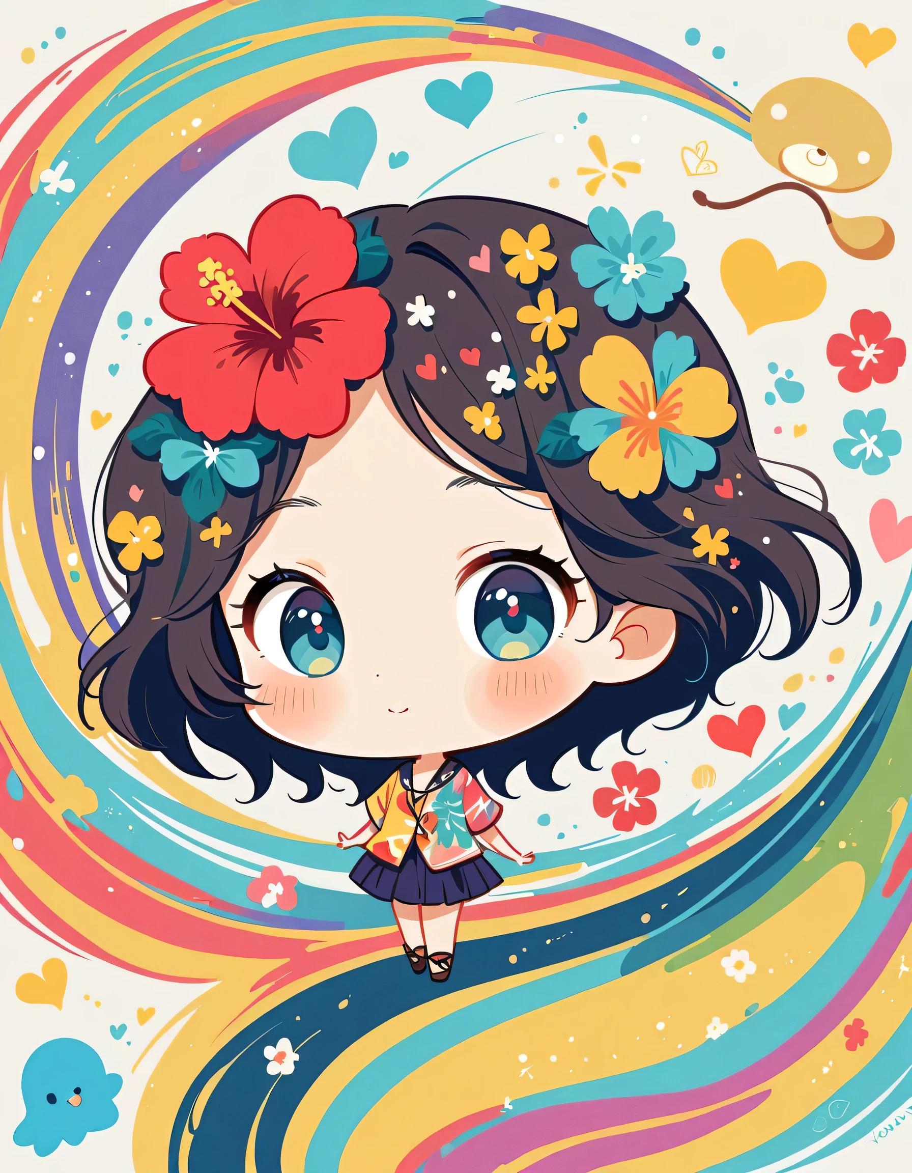 Mai Yoneyama style, Simple Line Initialism,Abstract art,Hawaii Travel, colorful hearts ,(((The most beautiful girl of all time))), (((chibi))), (((Cute amoeba))), hibiscus