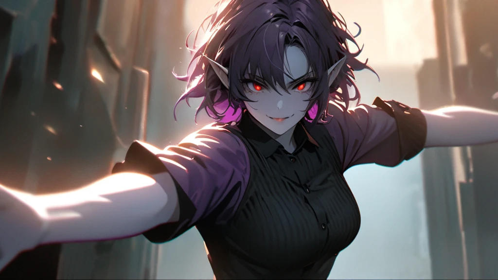 (solo), purple hair, messy hair, mane hair, short hair, short hair, dense hair, wild hair, expressive hair, mature,(25 year old), elf ears, pale skin, red eyes, ((femal)), wearing a black dress shirt, wearing a purple jacket,, rolled up sleeves, beautiful, attractive, eye reflection, medium breast, medium ass, smiling, depth of field, purple thunder aura, blue cinematic lighting, purple ray tracing, depth of field, cinematic lighting, purple ray tracing, UHD, high details, best quality, highres, high quality, award winning, super detail, masterpiece, 8k, UHD, high details, best quality, highres, high quality, award winning, super detail, masterpiece, 8k, digital art, anime coloring, full body shot, body shot, In a fighting position, Hand to hand combat, good face, perfect face, detailed face, good eyes, looking towards the screen.