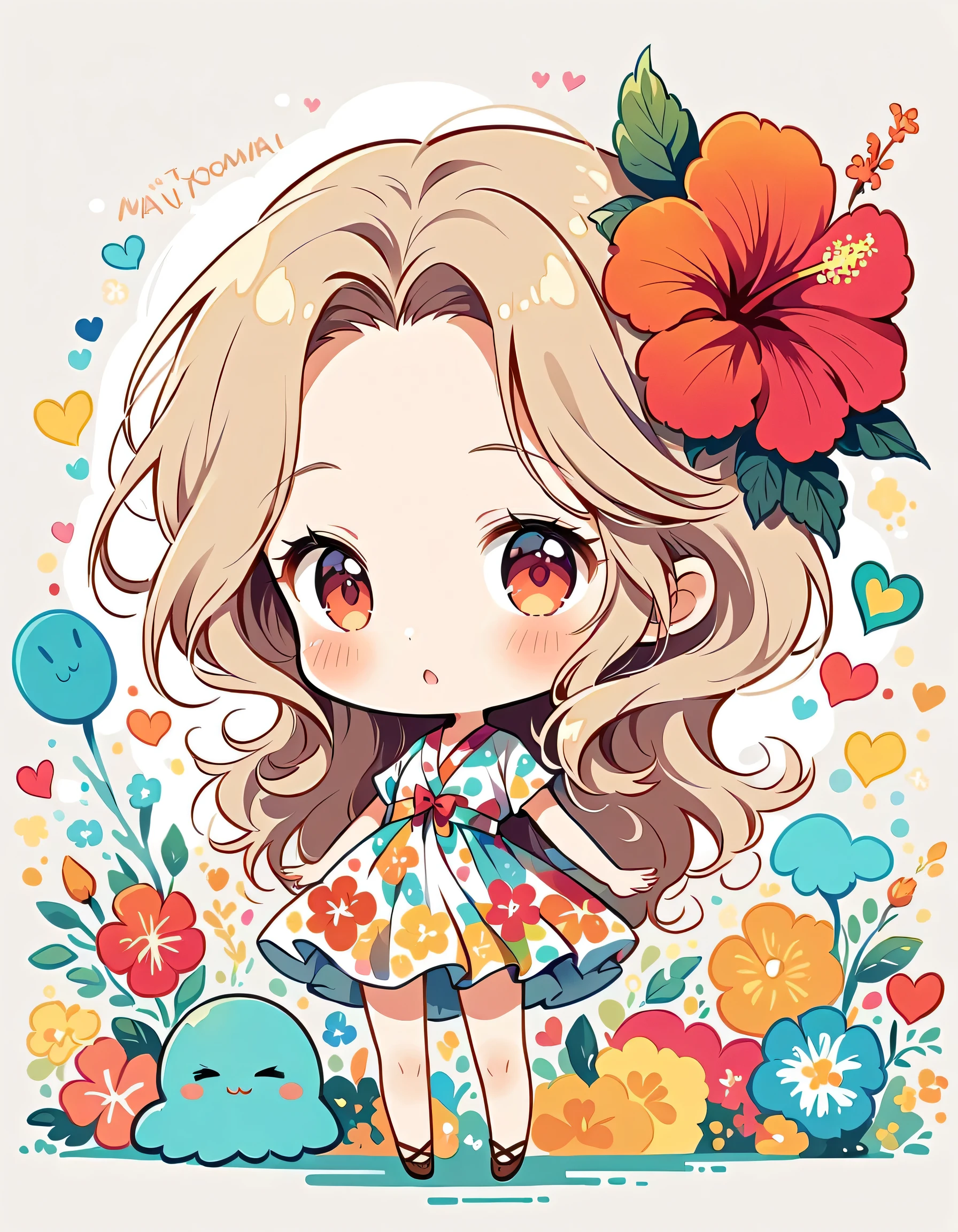 Mai Yoneyama style, Simple Line Initialism,Abstract art,Hawaii Travel, colorful hearts ,(((The most beautiful girl of all time))), (((chibi))), (((Cute amoeba))), hibiscus