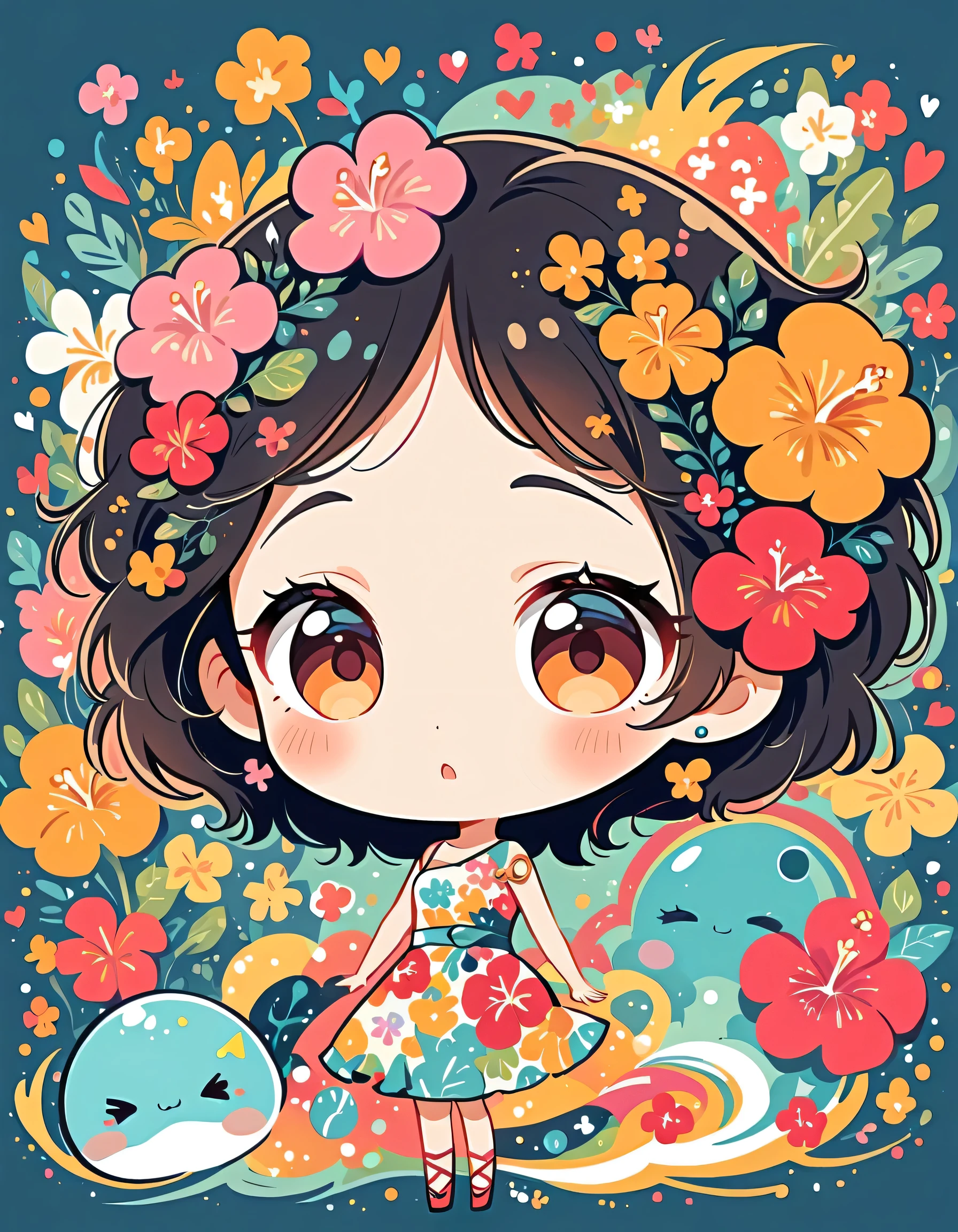 Mai Yoneyama style, Simple Line Initialism,Abstract art,Hawaii Travel, colorful hearts ,(((The most beautiful girl of all time))), (((chibi))), (((Cute amoeba))), hibiscus