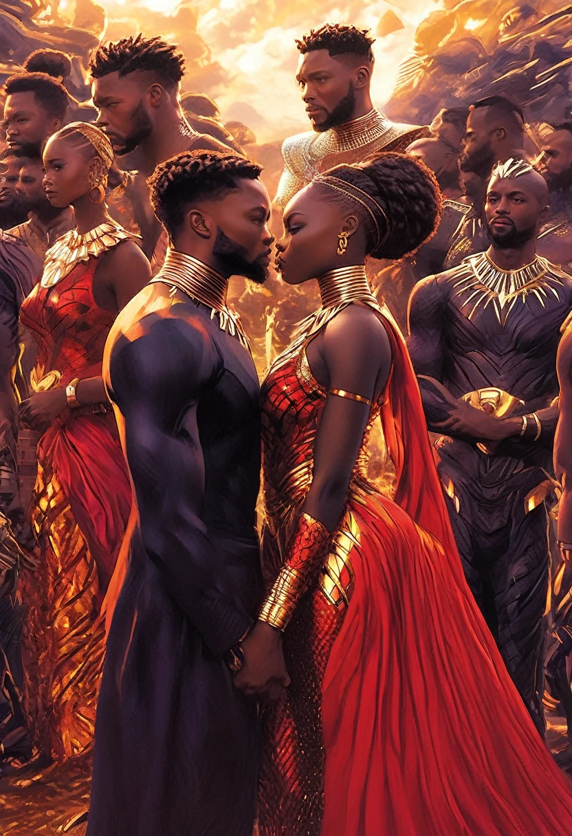 A vivid detailed masterpiece depicting different very beautiful handsome male and female couples of and from Wakanda in striking clear crisp sharper richer brilliant bright vivid details