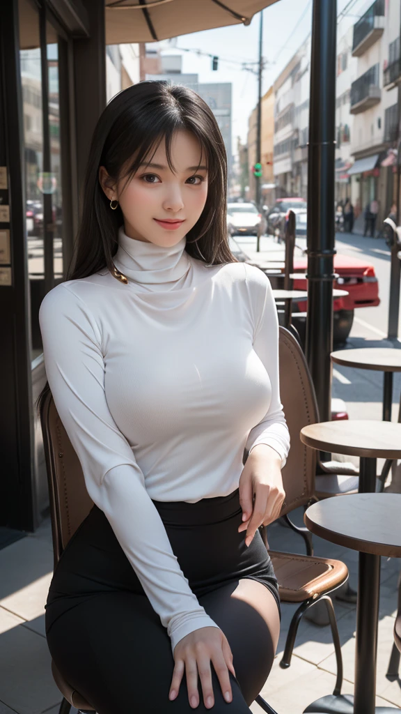 ((Mature woman sitting in front of café)),((turtleneck shirt:1.3)). 40k, Photography, masutepiece, Best Quality, dark grey background, ((Mature Women, waifu, Mami, A MILF)), ((voluptuous breasts)), Perfect face, perfect breasts - huge)), ((Girl with brown eyes and gorgeous bright black hair)). a Pretty Japanese woman，completely soft chest and white skin,,,, ((Very soft breasts)). Ultra-detailed face, Detailed eyes, embarrassed, Smile, Summer, Daytime, (((Slave Collar))), Half body, fixed