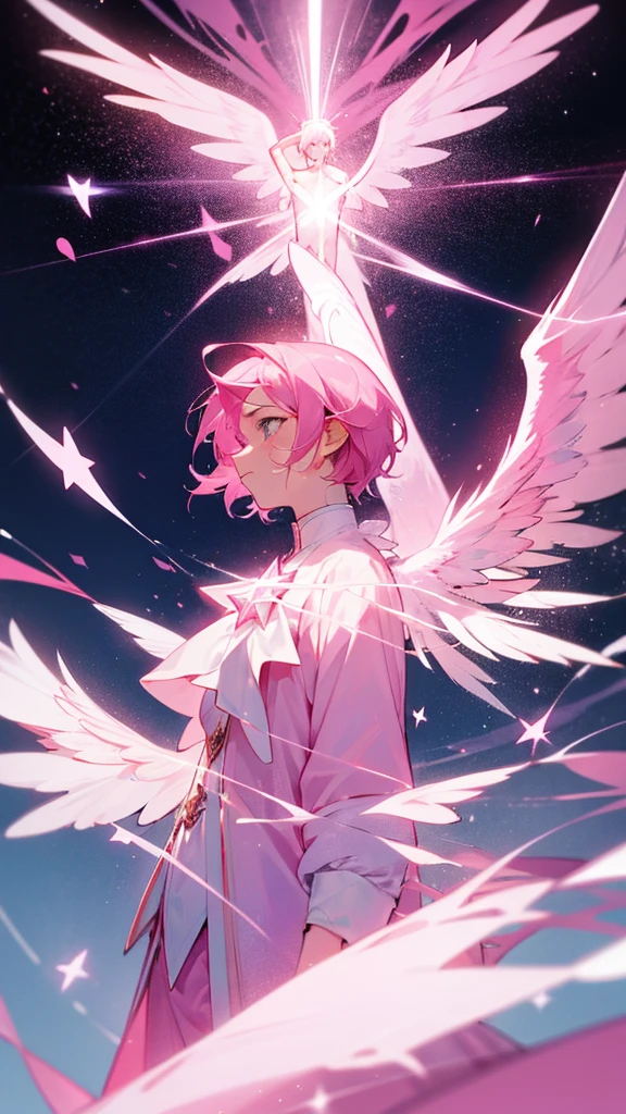 A man with pink hair, pink stars, a face of despair and crying, tall and thin, wearing a divine outfit with white divine wings.