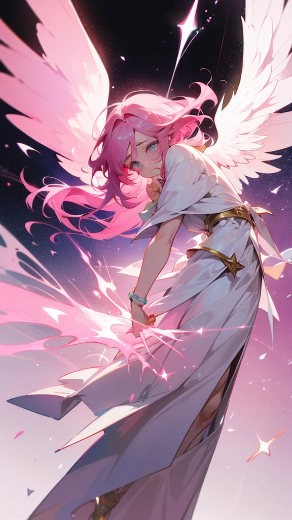A man with pink hair, pink stars, a face of despair and crying, tall and thin, wearing a divine outfit with white divine wings.
