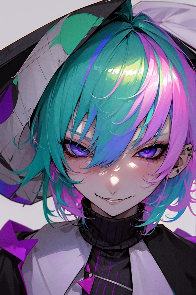 Pale skin, light blue hair, green streaks in hair, pink streaks in hair, purple streaks in hair, black eyes, birthmark on right eye, cute, pretty, umbrella, short hair, messy hair, smirking, smug, pretty, beautiful