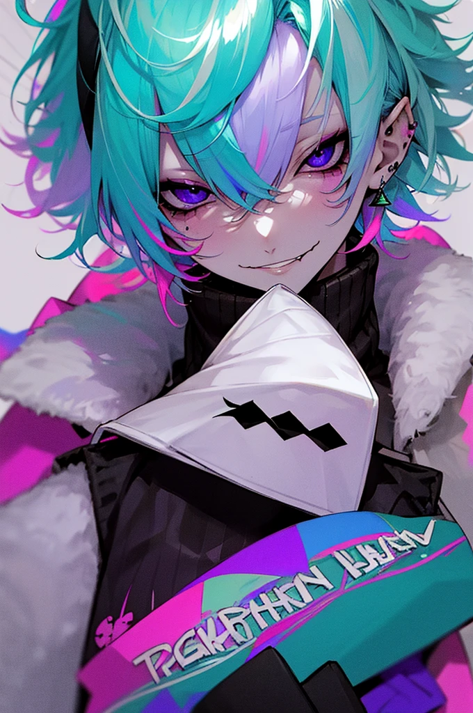 Pale skin, light blue hair, green streaks in hair, pink streaks in hair, purple streaks in hair, black eyes, birthmark on right eye, cute, pretty, umbrella, short hair, messy hair, smirking, smug, pretty, beautiful