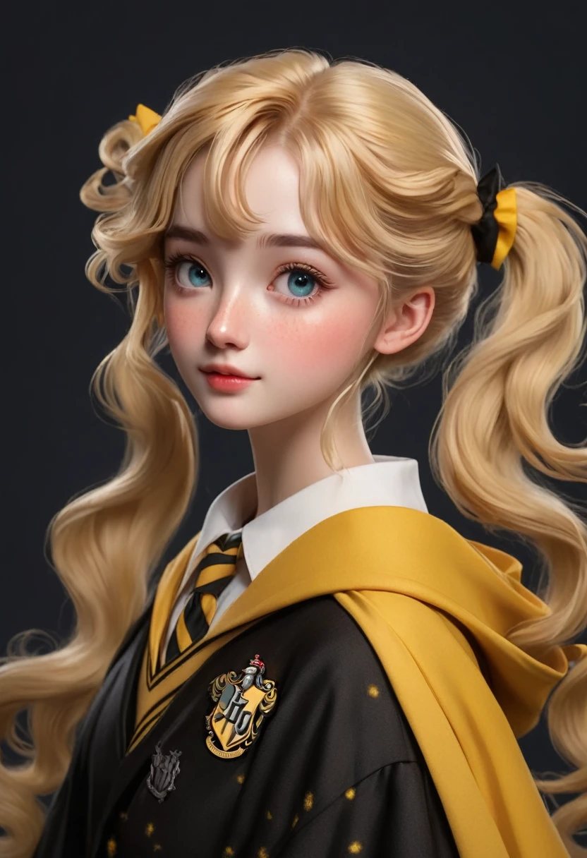 best quality, Masterpiece, Hogwarts students, Hufflepuff, I have short blonde twin tails.., Beaming, misbehave, freckles, Detailed eyes, detailed face, Beautiful skin,