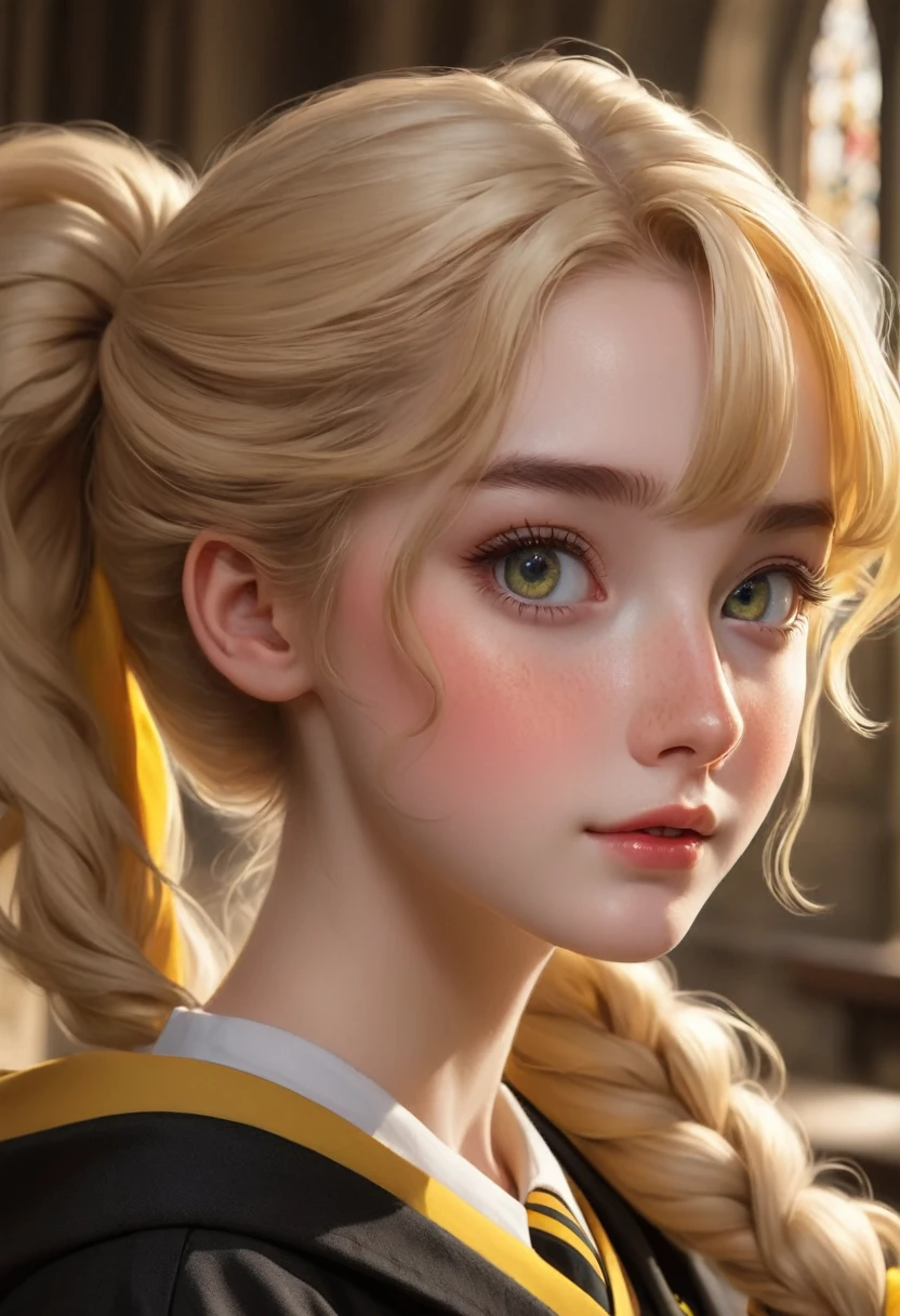 best quality, Masterpiece, Hogwarts students, Hufflepuff, I have short blonde twin tails.., Beaming, misbehave, freckles, Detailed eyes, detailed face, Beautiful skin,