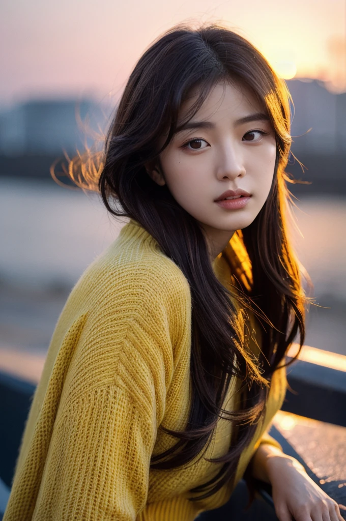 (Cinematic Aesthetic:1.4) Photo of a beautiful korean fashion model,cold filter,nice background, setting sun, rainbow and beautiful hairs