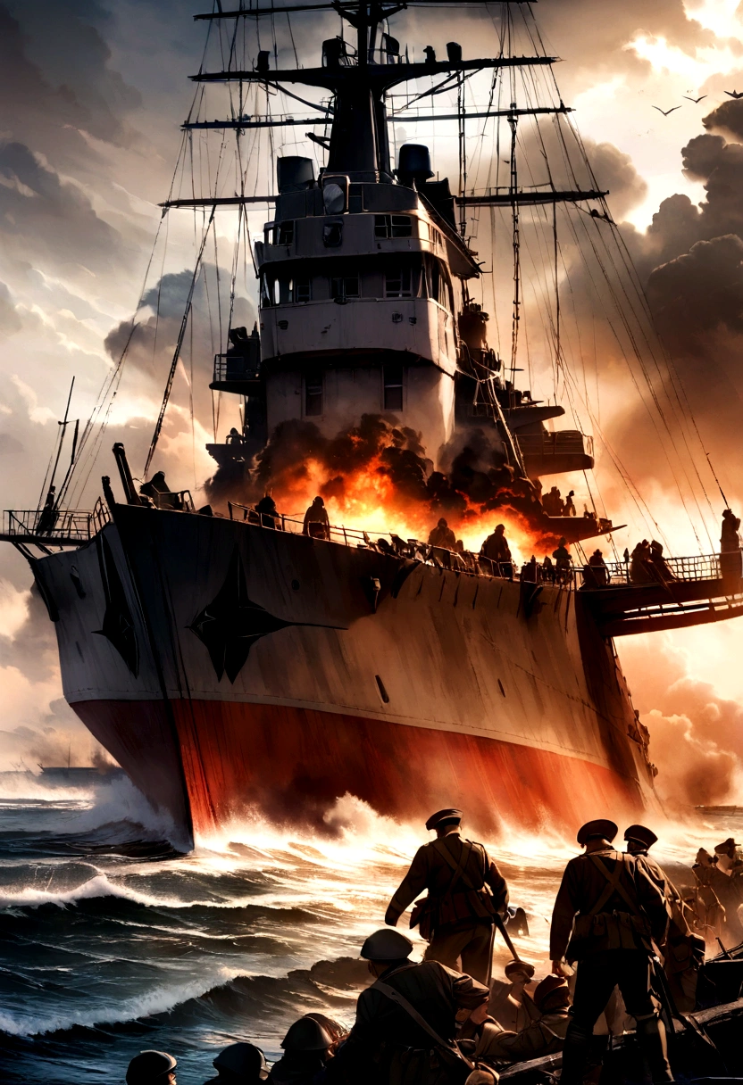 "Decisive Moments at the Battle of Pearl Harbor During World War II, A huge ship surrounded by fighter planes in fierce battle. Capture scenes in the best quality, Displays the intricate details of the aircraft in an extremely realistic manner. The medium used to depict this is photo-realistic illustration, Emphasize the seriousness and importance of this moment. Vivid scene colors, create vividness、An immersive experience. The light is very strong, Dramatic highlights and shadows create an atmosphere of tension and urgency. Other details included thick smoke billowing from the damaged ship., explode, and the chaos of war, Add depth and realism to your scene. This prompt is designed to produce a strong and visually striking image,In memory of the bravery and sacrifice of the soldiers who fought at Pearl Harbor."
