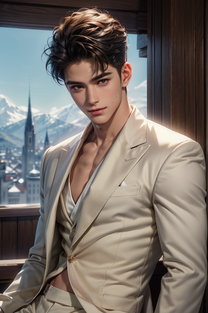 ((Best quality)), ((masterpiece)), (detailed), ((perfect face)), ((halfbody)) handsome face, male,  boy, perfect proportions, character masculine manhwa, ((brown light)) short hair, ((brown)) eyes, male version, ((white)) prince clothes, ((white)) suit, body in good shape, smiling, seductive look, ((white)) castle detailed background, ((white)) castle detailed scenery background 