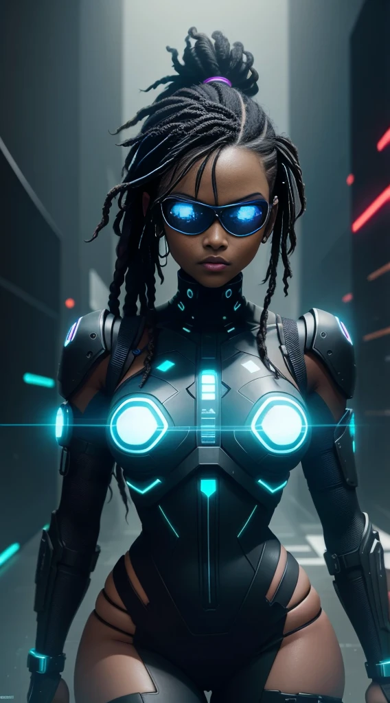 Cyberpunk style, ebony avatar, cyberspace, wireframe, matrix, tron, minimal, abstract, virtual reality, neon background, American flag background, neon lights, virtual interface, looking at camera, (ebony), dreads, sexy, thic, vr headset