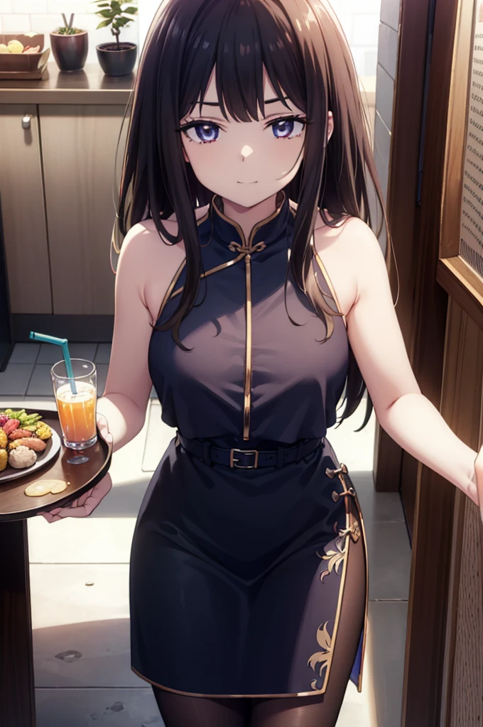 (masterpiece, best quality, detailed), 1girl, solo, looking at viewer, aatakina, long hair, black hair, breasts, 
<lora:LuxTech:1>, luxtech, gold, luxurious, indoors, kitchen, (food:1.3), arms behind back, parted lips, blush
