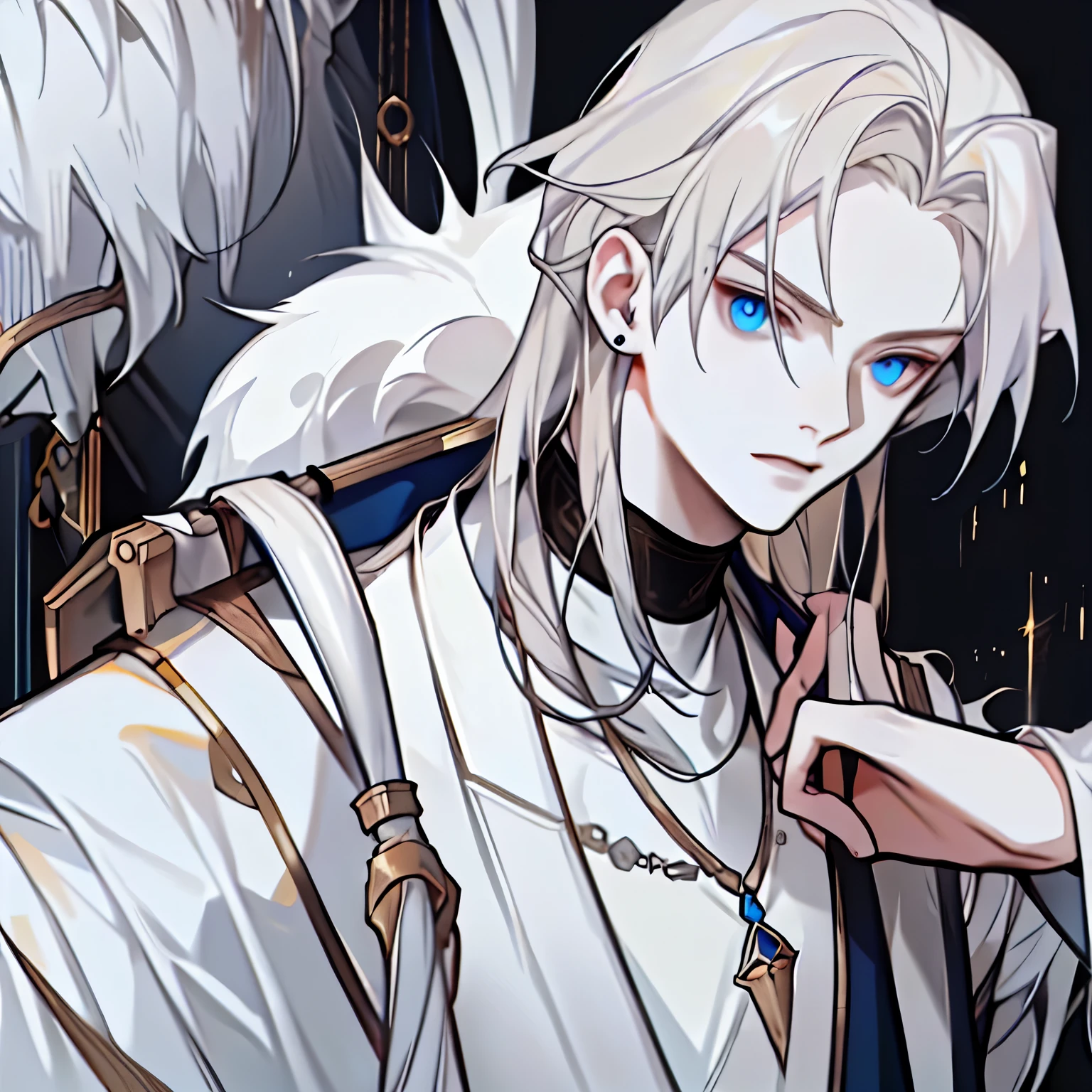 Young blonde anime, Aesthetic Body, Deep blue eyes, Wearing white with blue details, Wear a gold necklace