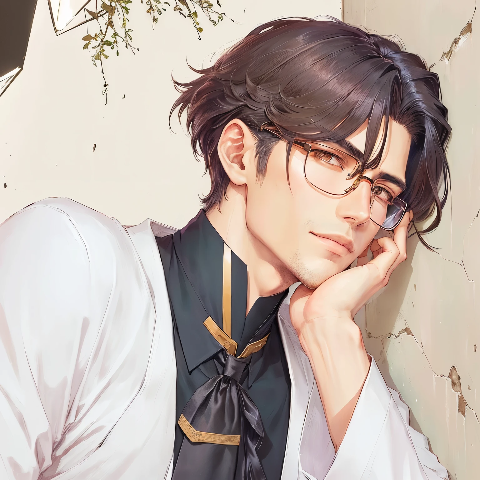 Handsome guy with glasses and a tie leaning against a wall, he wears an eyepatch, taisho roman, hijikata toushirou, delicate androgynous prince, handsome guy in demon slayer art