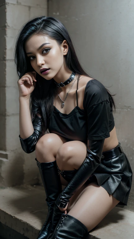 Asian bimbo girl,goth,Long eyelashes ,big lips,enlarged lips,big fake tits,gigantic round butt,big green eyes,black lipstick,narrow waist,perfect abs, Curvy shapes,perfect body,long legs,gothic makeup,(clothes:gothic outfit , Black T-shirt with pintogram print,black pleated puffy skirt,black stockings with belt,ankle boots,suspenders,silver chain,choker),(sexy pose),(location: Basement ),(character:hooker),(hyper realistic),(detailed face),ahegao face,ecstasy face,face after sex, short Mohawk ashen color,half face