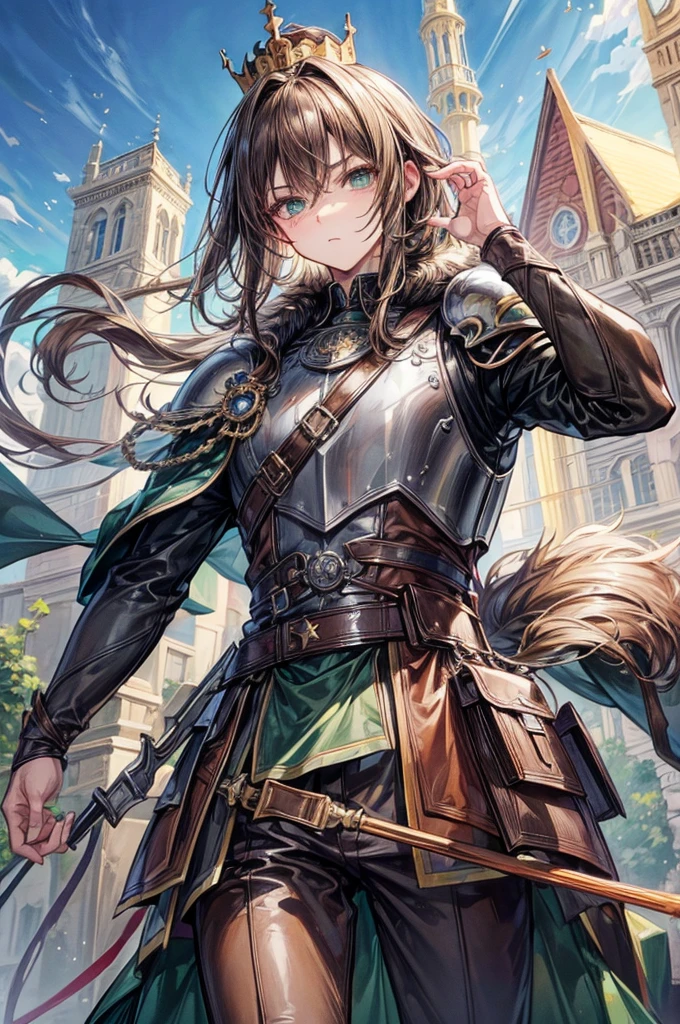 (Masterpiece, best quality, perfect face, expressive eyes), เด็กman 1 คน, (anime), (man), (adult), sage green eyes, light brown hair, crown, ride a horse, brown fur coat, house armor,  