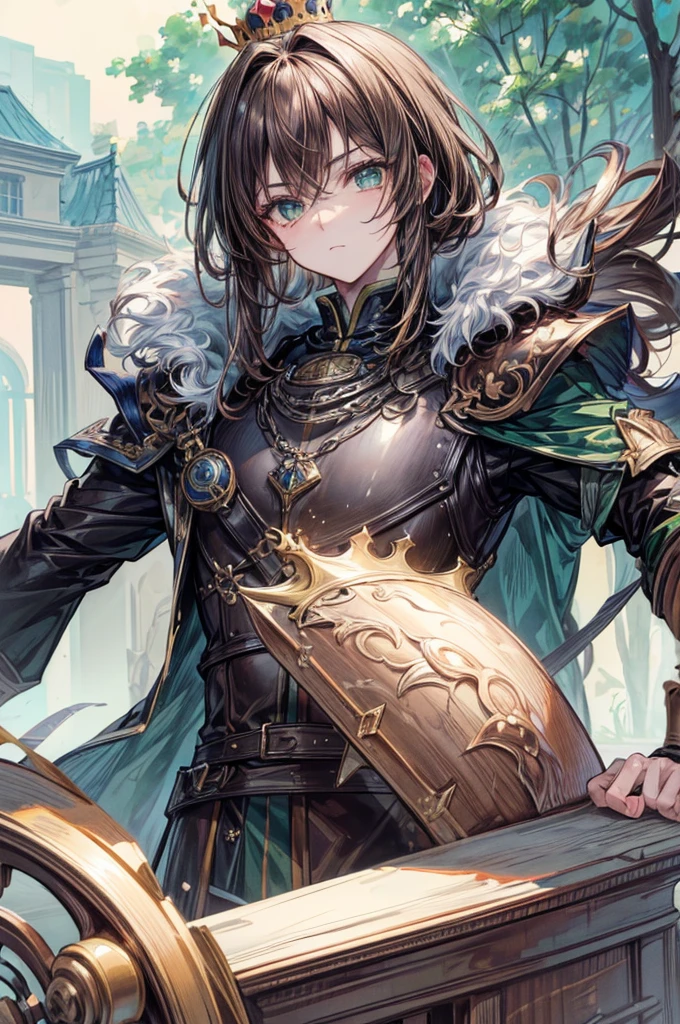 (Masterpiece, best quality, perfect face, expressive eyes), เด็กman 1 คน, (anime), (man), (adult), sage green eyes, light brown hair, crown, ride a horse, brown fur coat, house armor,  