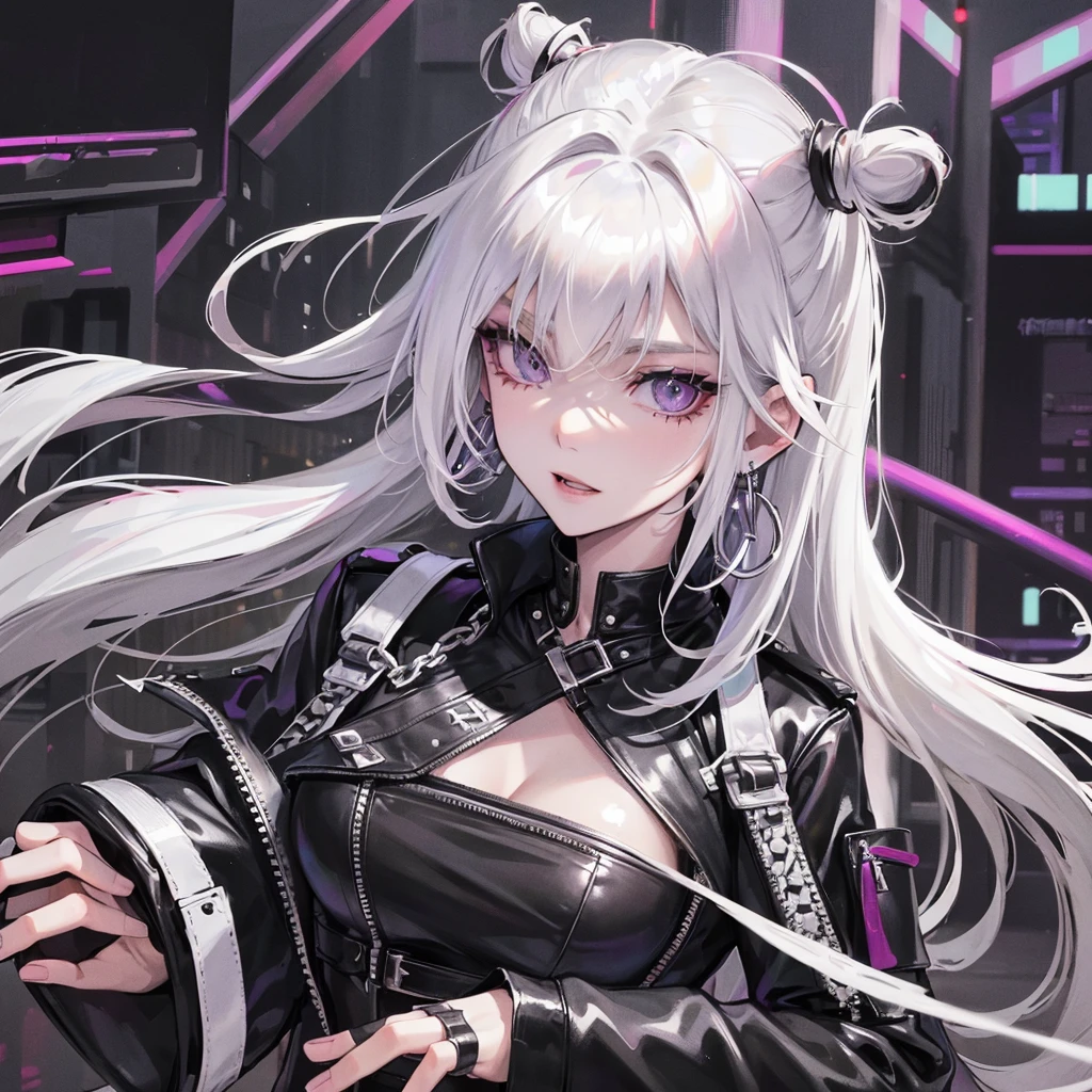 one girl , white haired with long ash hairstyle, cross earrings , cross necklace , Wearing a black leather biker jacket, black leather pants, , , city scenery , cool , Punk , Night Light , High quality, korean face, purple eyes, punk ,street wear, yakuza, nice body, beautiful face,soft skin ,attractive, spy, proportional body,