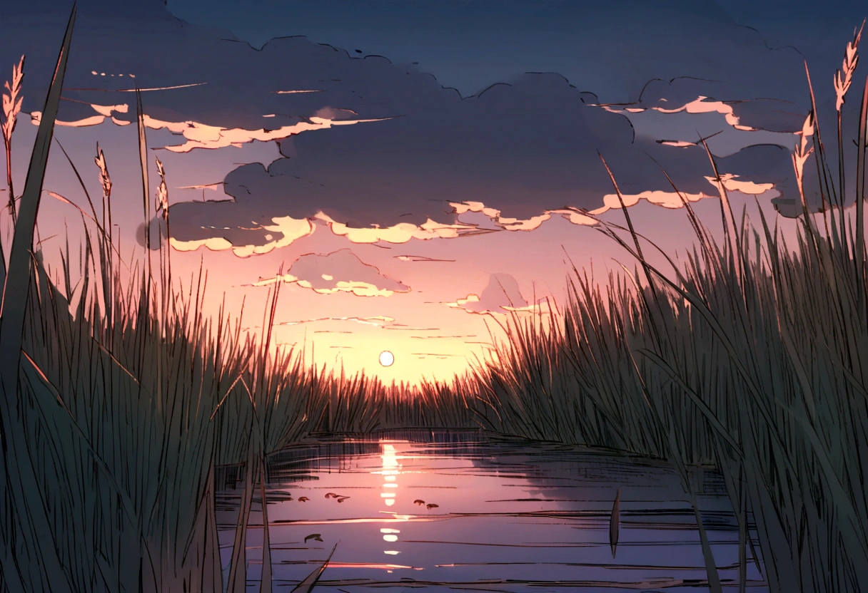 Scenes: River bank,Gloomy weather,Enshrouded by clouds。Ducks hiding in the reeds,Wait quietly。