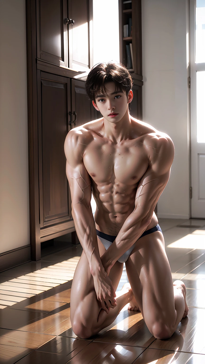 masterpiece,best quality, (A -yeld taboy:1.2), (Kneeling on the floor at home:1.2),（White swimming briefs）,Broad shoulders,Muscular shoulders，（Extremely strong body），Muscular body，Attractive and fit body，Inverted triangle figure，Biceps，Highlight muscle texture，Front view， Muscular body，Small head，Handsome and cute face，V-Shaped Face，Perfectly detailed facial features,Looking at the camera，Innocent expression，leaning back,head tilt, happy, very short hair, brown hair,(looking at viewer:1.2)，Vision