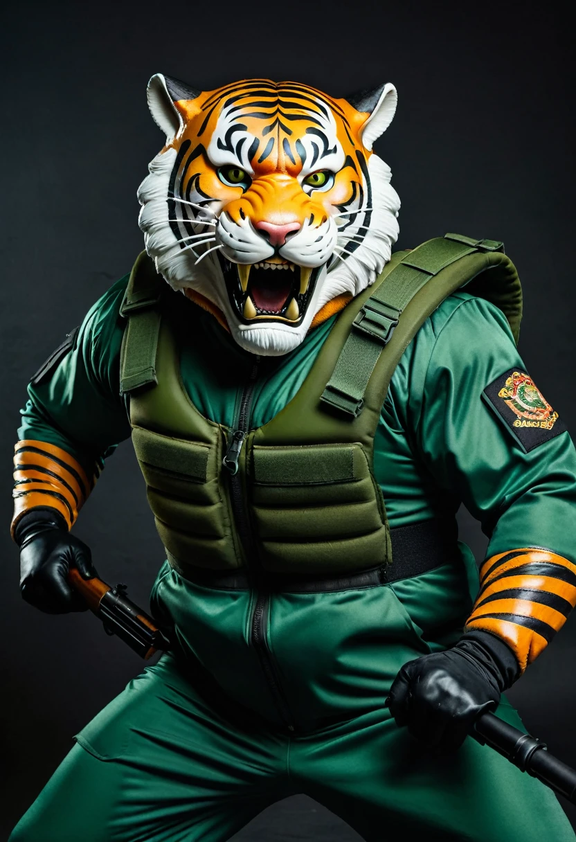 (a dark-skinned fat muscular old man in a bulky dark green zipper diver suit) shooting with a rifle and (wearing realistic roaring siberian tiger mask), muscular, Bruce Onobrakpeya, sumatraism, stanley artgermm, action, a character portrait, heroic, fierce, snarling