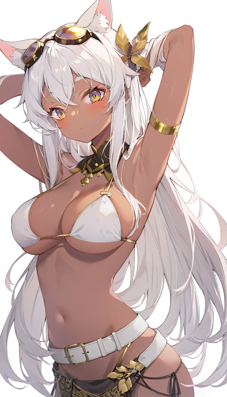 there is a sexy asian woman wearing a bikini and gold armor, 1girl, breasts, animal ears, solo, long hair, goggles, large breasts, dark-skinned female, belt, arms up, white hair, looking at viewer, dark skin, bikini