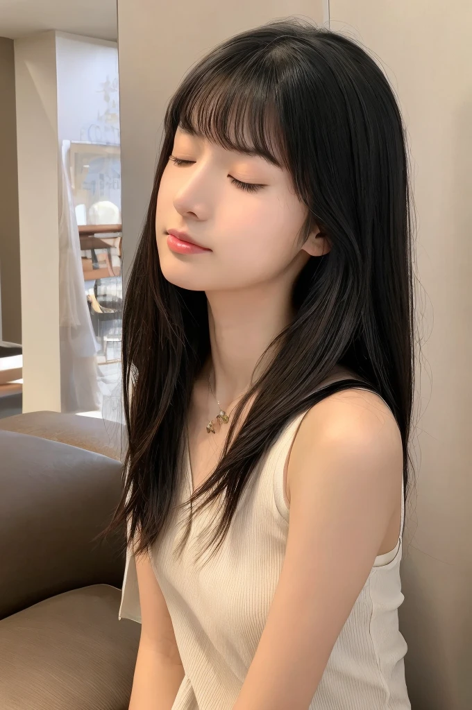 ((eyes closed)),luxury hotel,blind woman,((full body)),((photo)),((best qualtiy, 8K, tmasterpiece:1.3)), Focus:1.2, perfect figure beautiful girl:1.4,1girl,cowboy shot,look at viewer, eyes facing the camera,incredibly absurd, beautiful and cute girl with a photorealistic face, showcasing top-quality craftsmanship, Japanese girl standing in a hotel lobby, 17 years old, long black hair, straight hair, straight bangs cut above the eyes, fair skin, eyes always closed due to blindness, long eyelashes, naturally shaped eyebrows, small nose, straight nose bridge, thin lips, natural complexion, long neck, delicate, glamorous, small butt, small hands, rounded nails, delicate wrists, beautiful C-cup breasts, wearing a natural beige dress that reaches the knees and has a loose silhouette, beautiful girl, soothing, pretty older sister, gentle, kind, natural, October