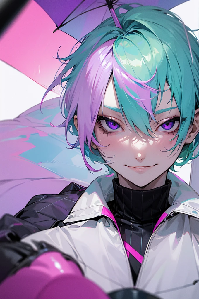 Pale skin, light blue hair, green streaks in hair, pink streaks in hair, purple streaks in hair, black eyes, birthmark on right eye, cute, pretty, umbrella, short hair, messy hair, smirking, smug, pretty, beautiful, white jacket, black turtleneck 