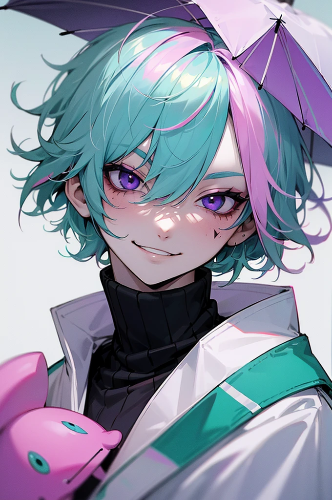 Pale skin, light blue hair, green streaks in hair, pink streaks in hair, purple streaks in hair, black eyes, birthmark on right eye, cute, pretty, umbrella, short hair, messy hair, smirking, smug, pretty, beautiful, white jacket, black turtleneck 