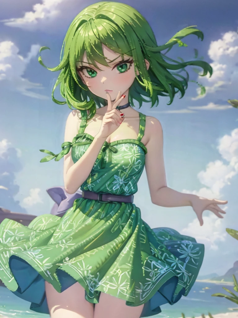 1girl, solo, beautiful girl, green skin, green eyes, big eyes, long eyelashes, green hair, short hair, shiny hair, medium breasts, green dress, strapless dress, floral print dress, green belt, purple scarf, green leggins, looking at viewer, bare arms, bare shoulders, disgust face, narrow waist, big butt, covered nipples, violet lips, lip gloss, perfect hands, perfect anatomy,