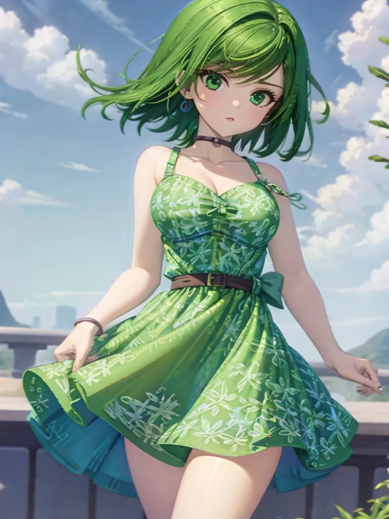 1girl, solo, beautiful girl, green skin, green eyes, big eyes, long eyelashes, green hair, short hair, shiny hair, medium breasts, green dress, strapless dress, floral print dress, green belt, purple scarf, green leggins, looking at viewer, bare arms, bare shoulders, disgust face, narrow waist, big butt, covered nipples, violet lips, lip gloss, perfect hands, perfect anatomy,