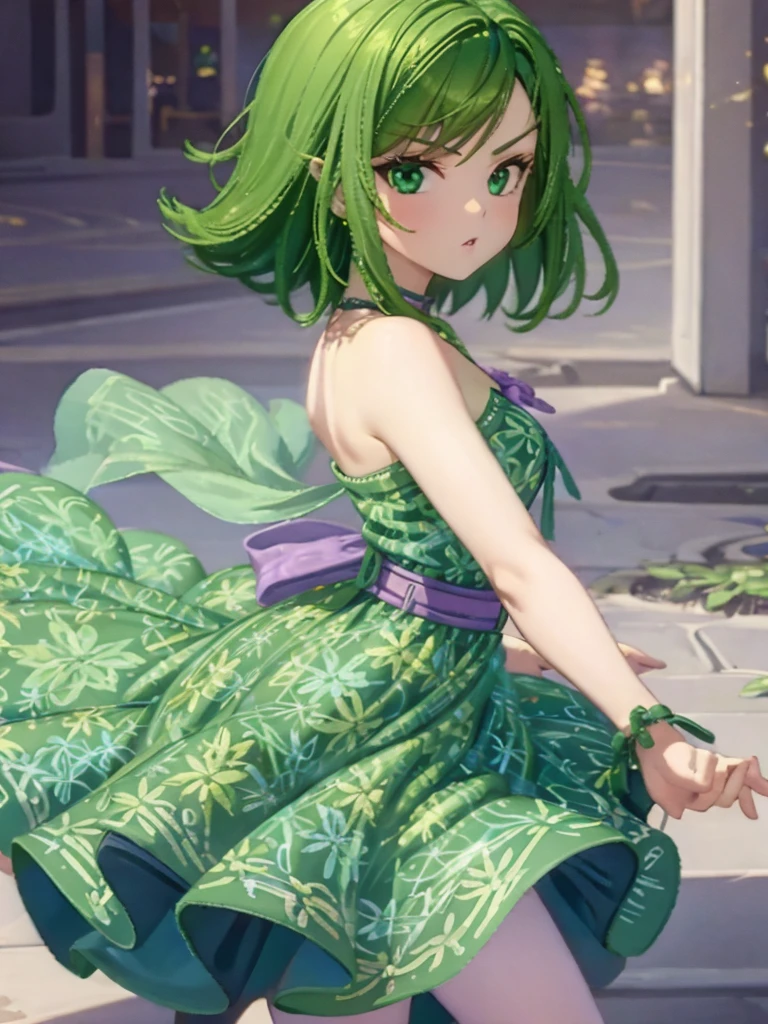 1girl, solo, beautiful girl, green skin, green eyes, big eyes, long eyelashes, green hair, short hair, shiny hair, medium breasts, green dress, strapless dress, floral print dress, green belt, purple scarf, green leggins, looking at viewer, bare arms, bare shoulders, disgust face, narrow waist, big butt, covered nipples, violet lips, lip gloss, perfect hands, perfect anatomy,