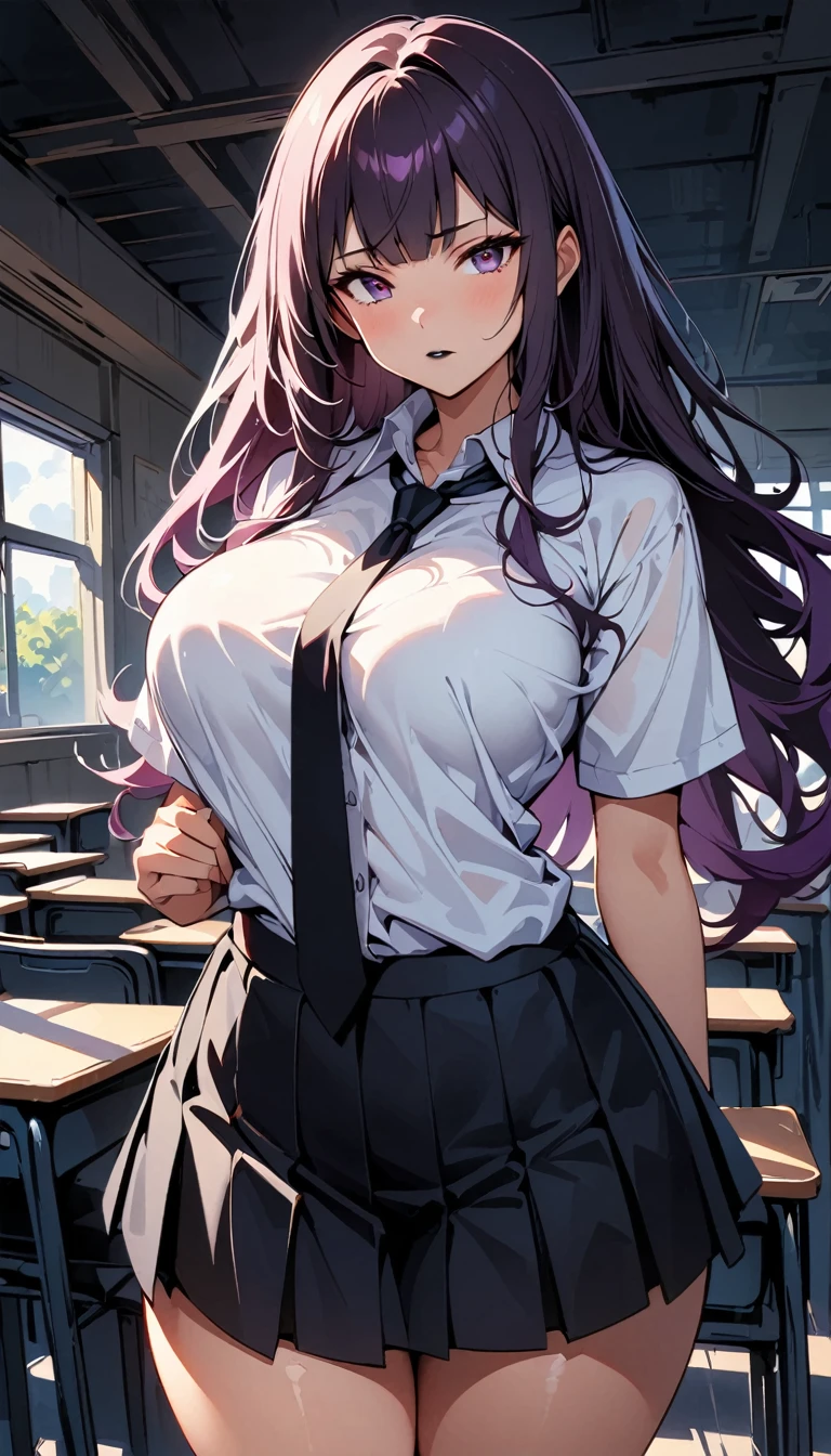 (high quality, 8k, 4K, high contrast, artwork:1.2, high quality, best aesthetics), ((1 woman)), erotic, sensual, mature body, super detailed, beautiful face detailed, beautiful eyes detailed, detailed beautiful mouth, sexy body, perfect breats, perfect wide thighs, (long, wavy dark purple hair), (dark purple eyes), (black lipstick), (serious facial expression), (white dress shirt, black tie, short black skirt), (schoolgirl), (standing), (centered) , (looking at the viewer), (empty classroom)