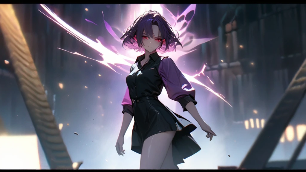 (solo), purple hair, messy hair, mane hair, short hair, short hair, dense hair, wild hair, expressive hair, mature,(25 year old), elf ears, pale skin, red eyes, ((femal)), wearing a black dress shirt, wearing a purple jacket,, rolled up sleeves, beautiful, attractive, eye reflection, medium breast, medium ass, smiling, depth of field, purple thunder aura, blue cinematic lighting, purple ray tracing, depth of field, cinematic lighting, purple ray tracing, UHD, high details, best quality, highres, high quality, award winning, super detail, masterpiece, 8k, UHD, high details, best quality, highres, high quality, award winning, super detail, masterpiece, 8k, digital art, anime coloring, full body shot, body shot, In a fighting position, Hand to hand combat, good face, perfect face, detailed face, good eyes, looking towards the screen.