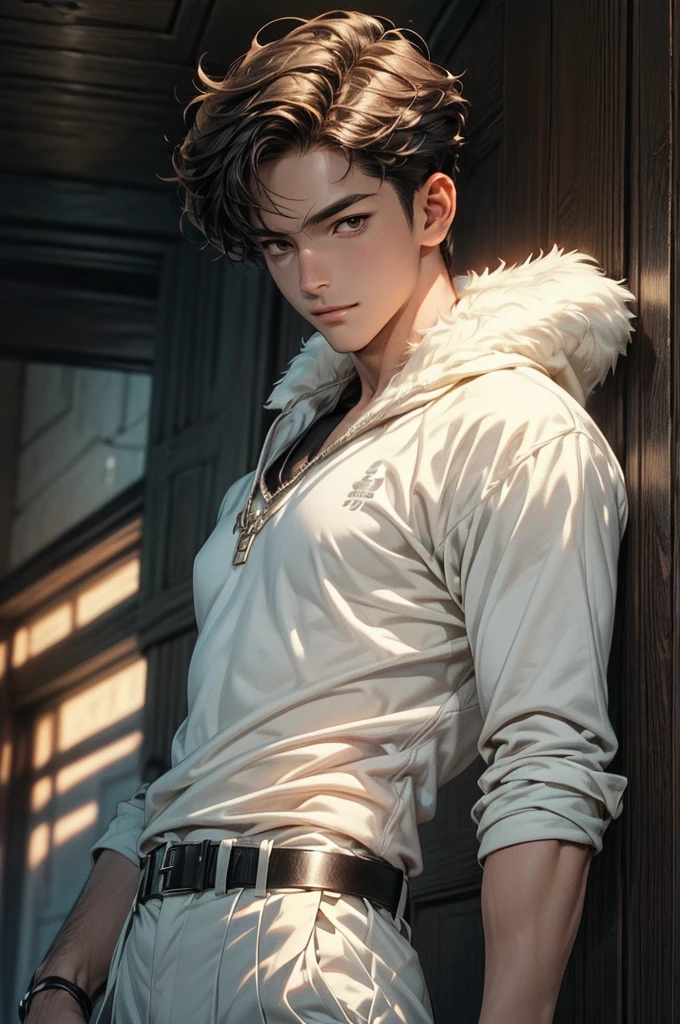 ((Best quality)), ((masterpiece)), (detailed), ((perfect face)), ((halfbody)) handsome face, male, teen boy, perfect proportions, character masculine manhwa, ((brown light)) short hair, ((brown)) eyes, male version, ((white)) prince clothes, ((white)) suit, body in good shape, smiling, seductive look, ((white)) castle detailed background, ((white)) castle detailed scenery background