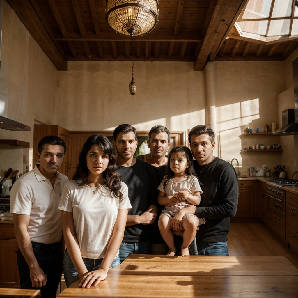 Young girl, black curly hair, in a beautiful much house, indoor, with her family members, father, mother, 2 brothers, with natural lighting,