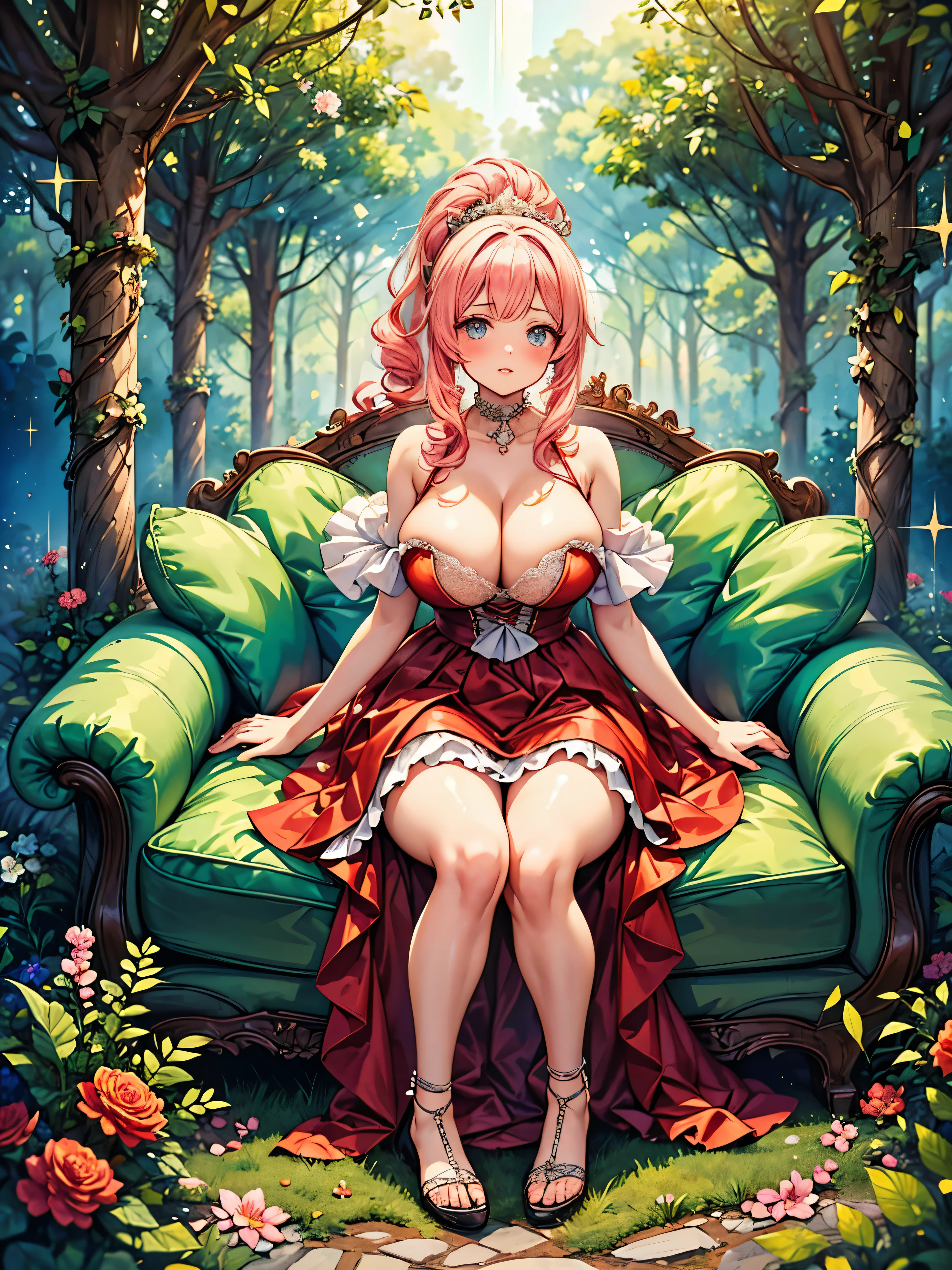 ((Moe anime art style:1.2)), (((masterpiece))), (((best quality))), ((ultra detailed)), (illustration), ((an extremely delicate and beautiful)), ((super detailed skin)), (((8K))), BREAK (((solo girl, A young-looking princess))), (18 years old), ((full body)), (sit astride, straddling), BREAK (((Shiny dark red taffeta fabric))), ((Dense lace, Long train, Lots of frills)), (((Full-length crinoline hoop skirt, Beautiful and luxurious Marie Antoinette English gown))), BREAK (((huge breasts))), ((breast focus, cleavage cutout)), Sweat on the chest, BREAK (((Super delicate and beautiful face))), ((Beautiful Lips, Delicate beautiful eyes)), ((embarrassed)), BREAK bangs, (((Pink Hair, Fluffy ponytail, Curly Hair, Expressive hair, very voluminous long hair, Spreading hair))), Beautiful silver and jeweled hair ornaments, BREAK (((nature))), (in forest), ((so many colorful flowers)), ((Flowing petals)), Particles of light pouring down, (light sparkles:1.5), (light leaks:1.5), (depth of field:1.5),((magnificent panorama view:1.5)),