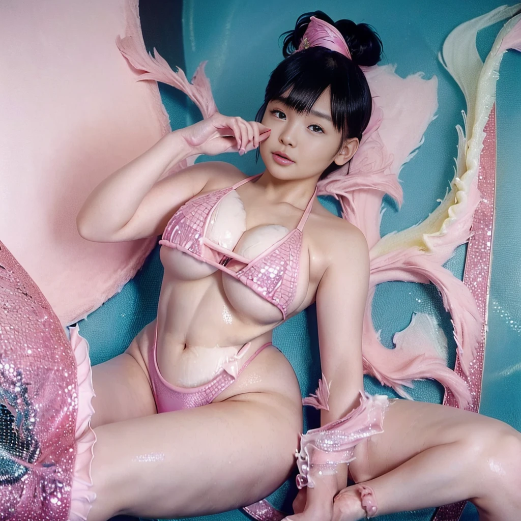 Highest quality，masterpiece，Ultra-high resolution, Very detailed, 8K，a  beautiful Japanese woman:1.5, Small face, Black Hair, blunt bangs, ((Super big butt women:1.5, Breast Augmentation Surgery)), (Detailed pink magical girl heroine swimsuit:1.5),　Very pleasant look、　height:150cm