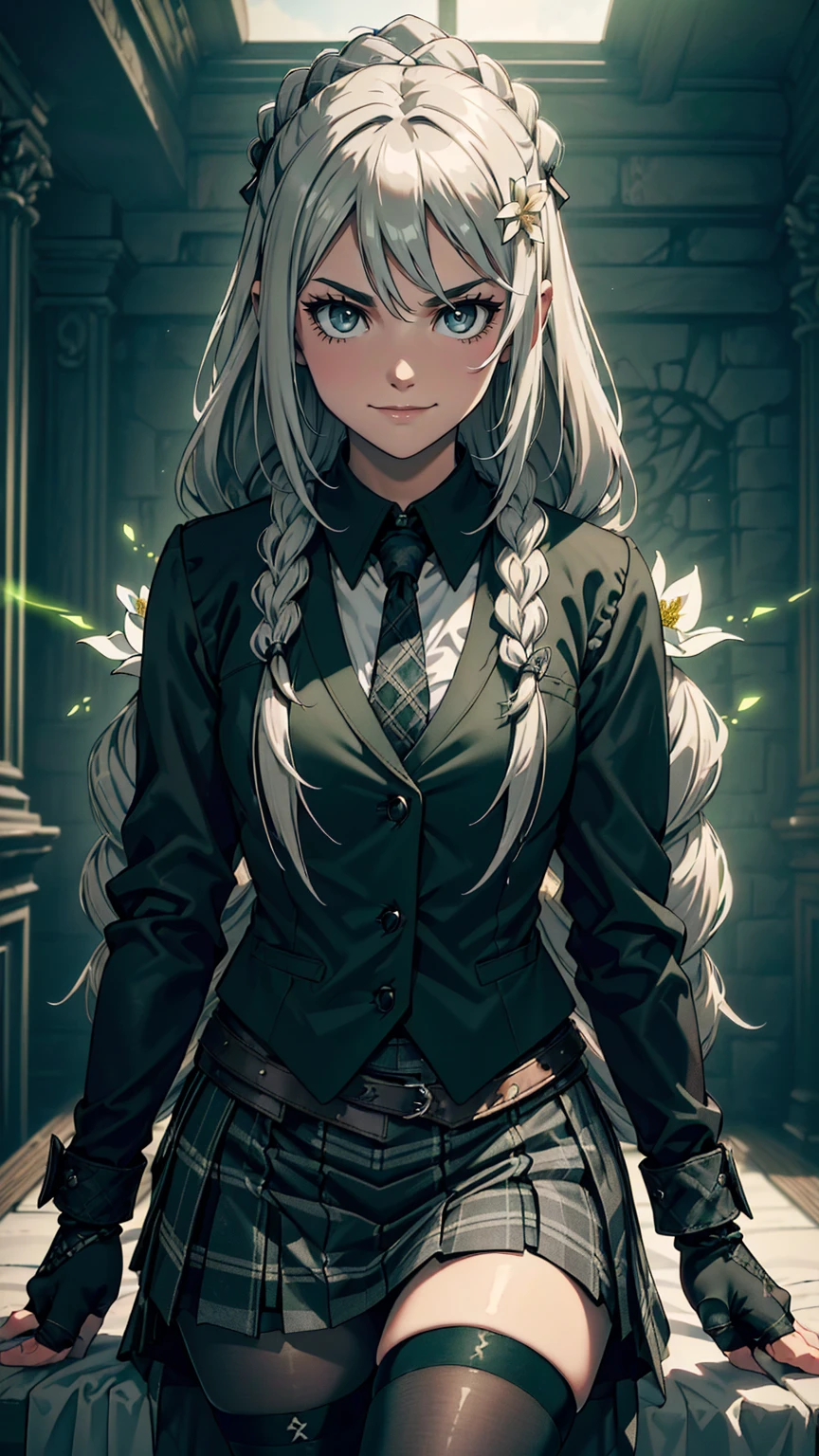 最high quality、Ultra High Definition, Ultra High Quality, Hyper Definition, Hyper Quality, Hyper Detailed, Extremely Detailed, Perfectly Detailed, Best image quality、masterpiece、woman((20-year-old、super dynamic pose , Green glowing eyes, Silver long Hair with a small braids、Disheveled Hair、Long White Hair、Thin,Fingerless Glove、Black Luxury Vest, Shirt, Grey Plaid Skirt, Black Tights, evil smile, wicked expression、 Hair White Flower Barrette, Dressed in school)),high quality、Beautiful art、background((Inside the mansion))、Written boundary depth、movie、Visual Arts、Perfect art、8K,Genuine、
