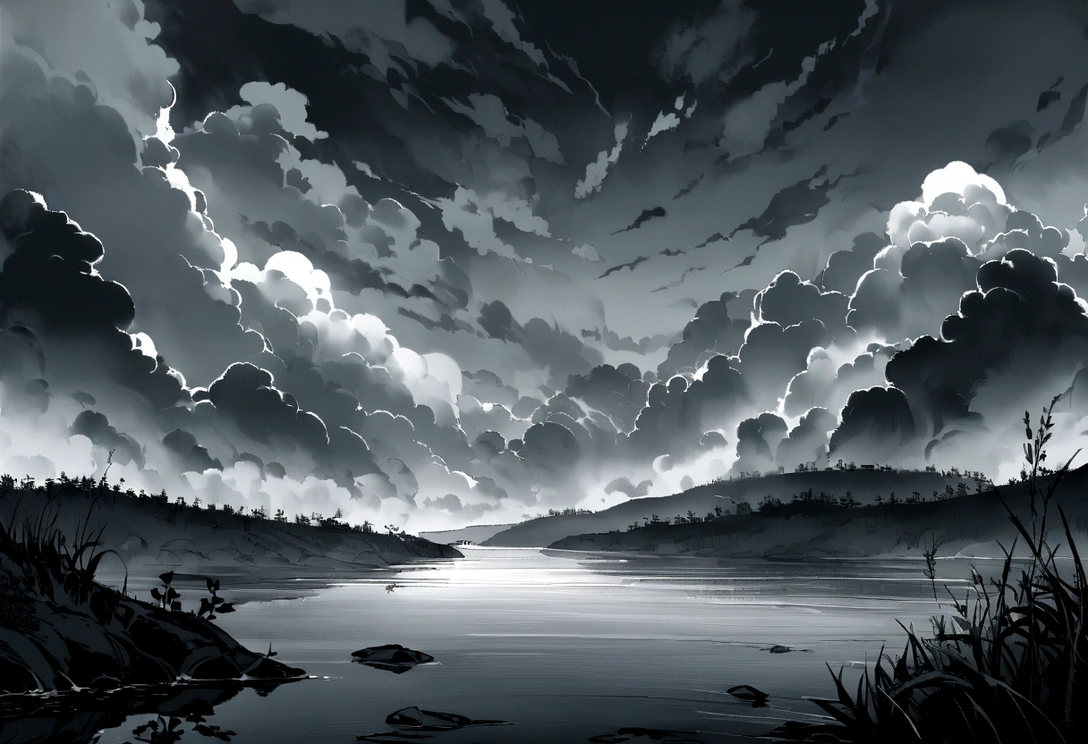 Scenes: River bank,Gloomy weather,Enshrouded by clouds。The river flows quietly,Reflecting the gloomy sky。Filled with ominous atmosphere,Quiet and depressing。