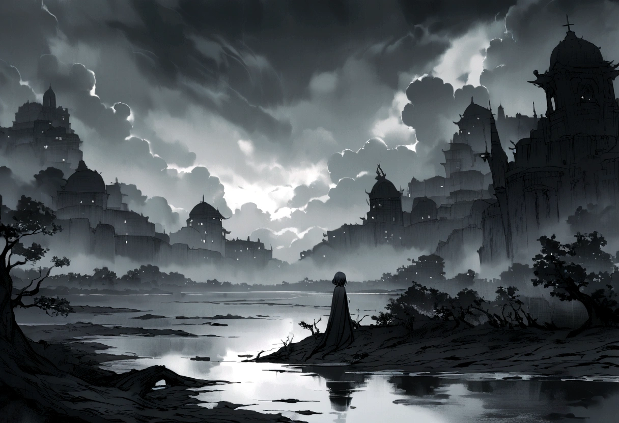 Scenes: River bank,Gloomy weather,Enshrouded by clouds。The river flows quietly,Reflecting the gloomy sky。Filled with ominous atmosphere,Quiet and depressing。