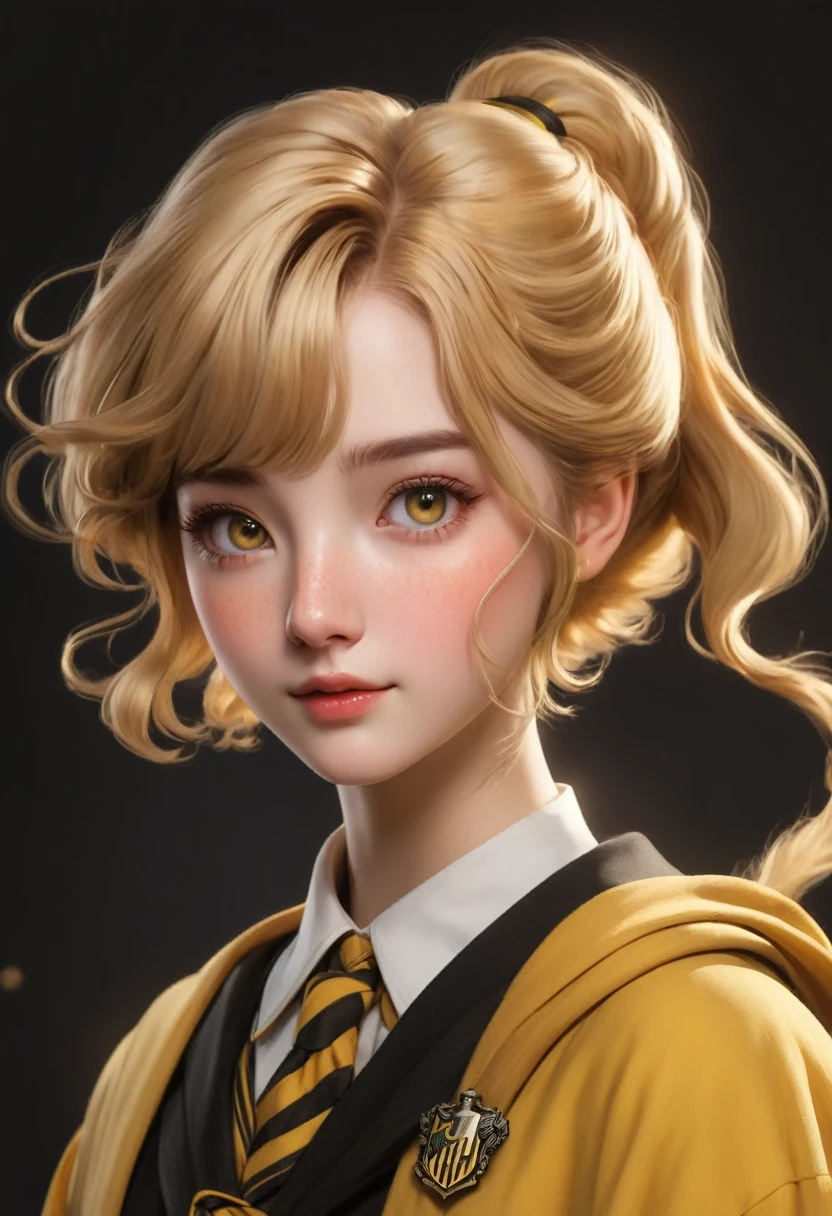 best quality, Masterpiece, Hogwarts students, Hufflepuff,Short hair with high twin tails, Short hair with golden blonde twin tails., Beaming, misbehave, freckles, Detailed eyes, detailed face, Beautiful skin,